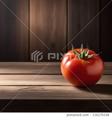 Red tomato on wooden table, highlighted from the window. Play of light and shadow. top view 116276186