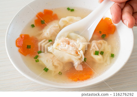 shrimp dumpling soup in white bowl 116276292