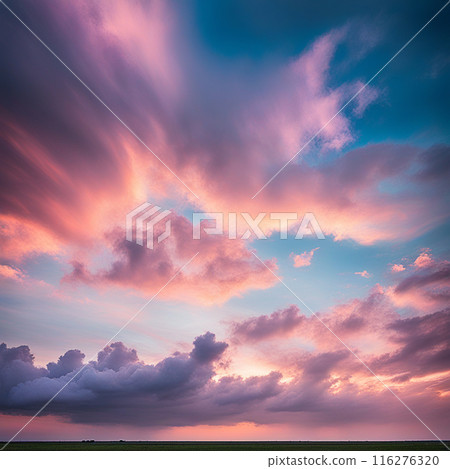 Sky,clouds background and texture. Dramatic amazing sky and clouds from above at sunset. Abstract pastel sky, coluds concept. 116276320
