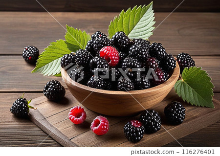 Fresh blackberries on wooden table, blackberries with sunlight, sweet berry on wood background. 116276401