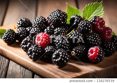 Fresh blackberries on wooden table, blackberries with sunlight, sweet berry on wood background. Fresh blackberries on wooden table, blackberries with sunlight, sweet berry on wood background. 116276539