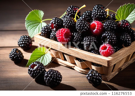 Fresh blackberries on wooden table, blackberries with sunlight, sweet berry on wood background. 116276553
