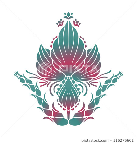 Hand drawn teal and purple gradient floral Damask motif isolated on white background 116276601