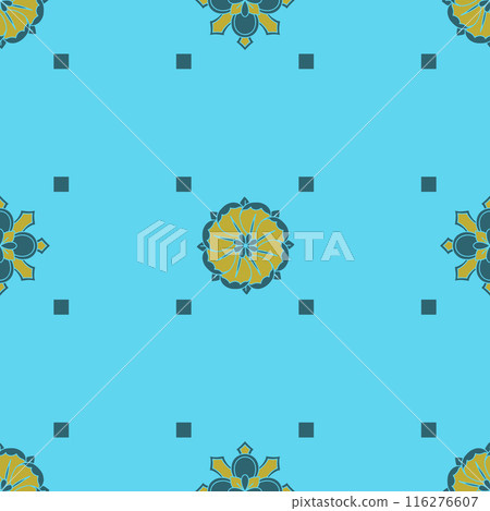 Seamless pattern with hand drawn golden classic floral rosette motifs 116276607