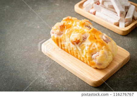 taro toast bread on wood board 116276767