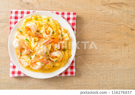 creamy omelet with shrimps or scrambled eggs and shrimps creamy omelet with shrimps or scrambled eggs and shrimps 116276837