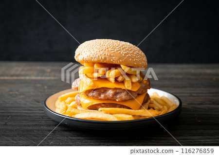 pork burger with cheese and french fries pork burger with cheese and french fries 116276859