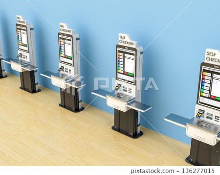 Self-checkout kiosks or self-service payment machines in a row Self-checkout kiosks or self-service payment machines in a row 116277015