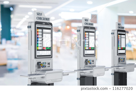 Self-checkout kiosks or self-service payment machines in a row Self-checkout kiosks or self-service payment machines in a row 116277020