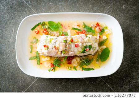 steamed sea bass fish with herbs 116277075