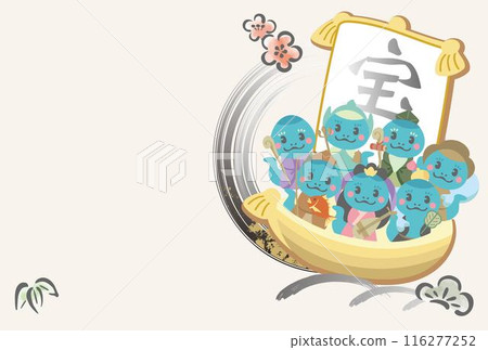 New Year 2025 Postcard template Frame Seven Lucky Gods Treasure ship Year of the Snake Cute Background Illustration 116277252