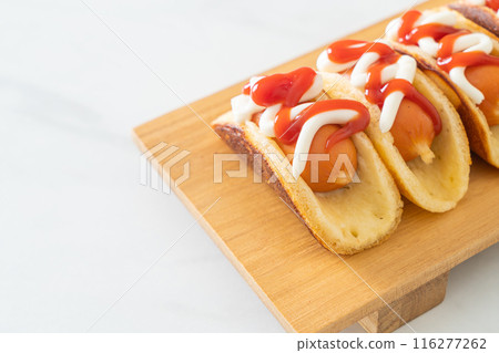 flat pancake roll with sausage flat pancake roll with sausage 116277262