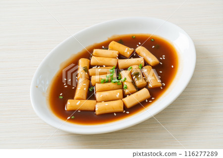 Spicy Jjajang Tteokbokki or Korean rice cake in spicy black bean sauce Spicy Jjajang Tteokbokki or Korean rice cake in spicy black bean sauce 116277289