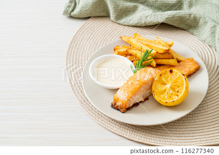 fried salmon fish and chips fried salmon fish and chips 116277340