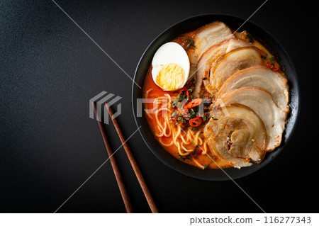 Ramen Noodles Spicy Tomyum Soup with Roast Pork Ramen Noodles Spicy Tomyum Soup with Roast Pork 116277343