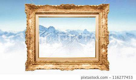 Golden vintage frame against snowy mountain backdrop. Concept of integrating classic elegance with natural landscapes 116277453