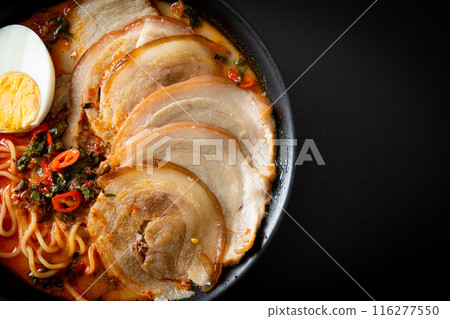 Ramen Noodles Spicy Tomyum Soup with Roast Pork 116277550