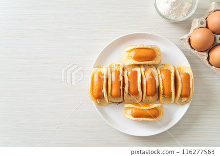 flat pancake roll with sausage flat pancake roll with sausage 116277563