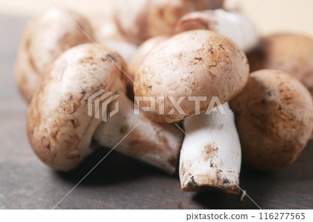 Fresh champignons mushroom in a white bowl on table Fresh champignons mushroom in a white bowl on table 116277565