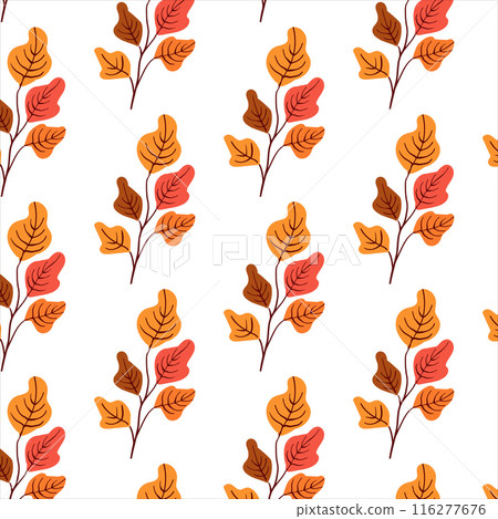Seamless pattern. Simple Plant. Simple yellow orange leaves on a white background. Ornament in Scandinavian style. Hand drown. Flat vector illustration 116277676