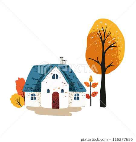 A simple fairytale house with a blue roof in Scandinavian style. Yellow tree. White backdrop for cards, posters. Packaging paper and textiles A simple fairytale house with a blue roof in Scandinavian style. Yellow tree. White backdrop for cards, posters. Packaging paper and textiles 116277680