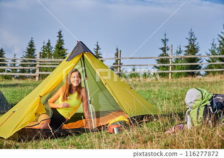 Woman tourist camping in mountains. Young lady traveling, hiking in hills in summer. Pretty, slim woman sitting in tent in campsite, holding flower, admiring. Concept of harmony with nature. Woman tourist camping in mountains. Young lady traveling, hiking in hills in summer. Pretty, slim woman sitting in tent in campsite, holding flower, admiring. Concept of harmony with nature. 116277872