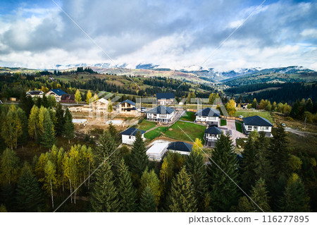 Aerial view of holiday cottages in mountains. Rest houses in coniferous forest. Relaxing far from big city. Aerial view of holiday cottages in mountains. Rest houses in coniferous forest. Relaxing far from big city. 116277895