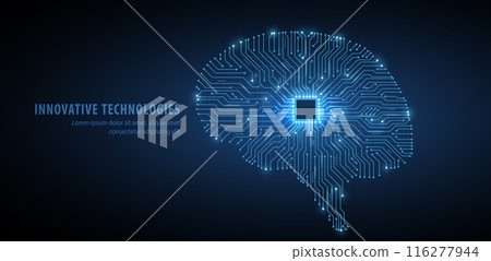 Brain-shaped circuit board with chip. Artificial intelligence, Digital memory 116277944
