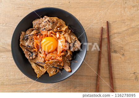 pork bulgogi rice bowl with kimchi and Korean pickled egg 116278095