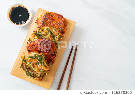 Pajeon or Korean pancake and Korean Kimchi pancake or Kimchijeon on white background 116278300