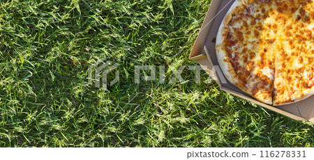 Pizza on the grass background. Takeaway pizza at a summer picnic in the park Pizza on the grass background. Takeaway pizza at a summer picnic in the park 116278331