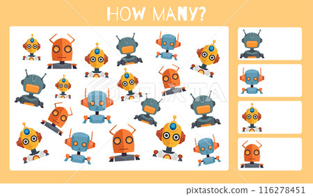 Educational game vector template. Count how many identical robots there are. I spy game worksheet for kindergarten and primary school children. 116278451