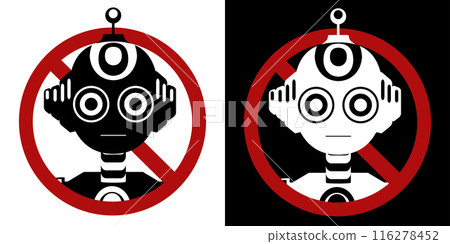 Set of vector monochrome silhouette robots in prohibition sign on white and black background. Restrictions on the use of artificial intelligence 116278452
