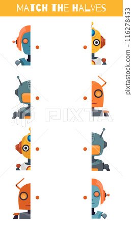 Match the halves. Vector vertical template of childish educational game. Connect the halves of cyborg toys. Find the correct half 116278453