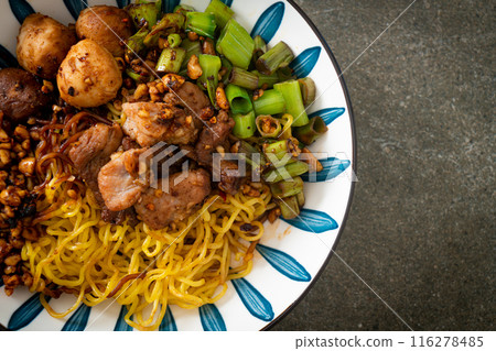 dried egg noodle with pork and meatball dried egg noodle with pork and meatball 116278485