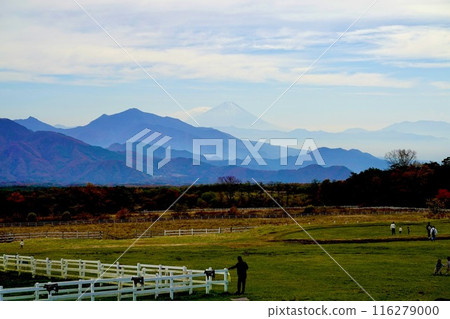 A view of Mt. Fuji faintly visible over the pastures from the Kiyosato dormitory in Takane Town, Hokuto City, Yamanashi Prefecture A view of Mt. Fuji faintly visible over the pastures from the Kiyosato dormitory in Takane Town, Hokuto City, Yamanashi Prefecture 116279000