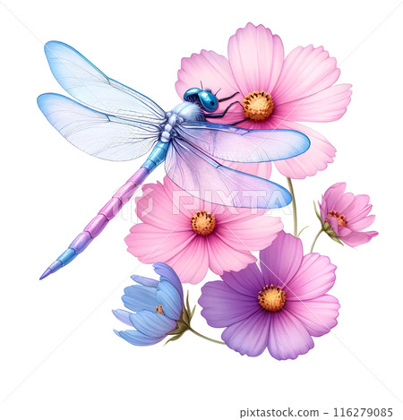 3d dragonfly with cosmos flowers  116279085