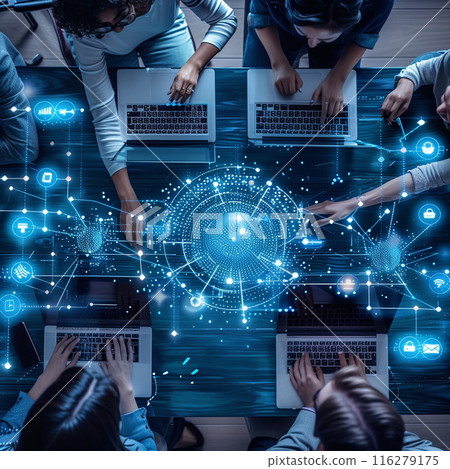 Graphic of modern working place combine AI and human work together. 116279175