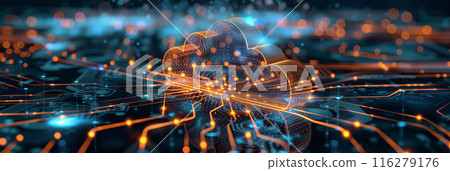 Graphic of cloud technology overlay on huge oil and gas refinery in modern theme. 116279176