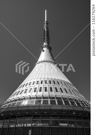 Jested tower on the top of Jested mountain, famous tourist attraction and TV broadcast tower near Liberec in Czech republic 116279264