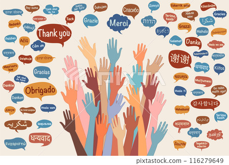 Banner with group raised hands of multicultural people from different nations and continents with speech bubbles with text -THANK YOU- in various international languages.Equal.Communication Banner with group raised hands of multicultural people from different nations and continents with speech bubbles with text -THANK YOU- in various international languages.Equal.Communication 116279649
