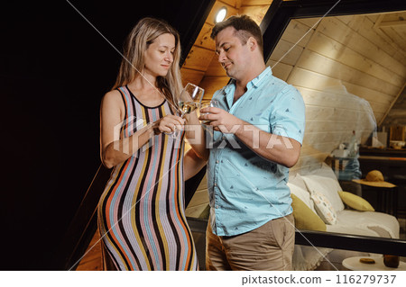 Couple clinking wine in the evening on terrace Couple clinking wine in the evening on terrace 116279737