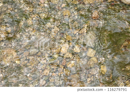 Waterfall stream close-up view from above clear flowing stream over ground gravel and stones. 116279791