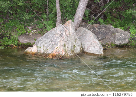 Waterfall stream close-up view from above clear flowing stream over ground gravel and stones. Waterfall stream close-up view from above clear flowing stream over ground gravel and stones. 116279795