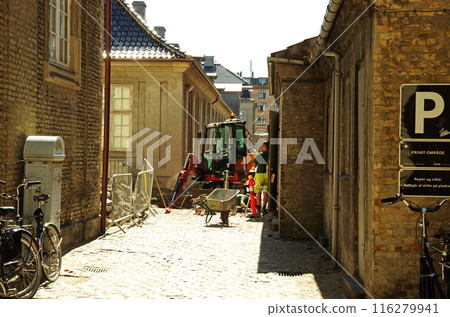 Road construction in Copenhagen's Historic District 116279941