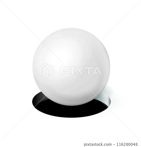 Sphere or ball drops into a black round hole, mockup. Isolated realistic transparent template, for location on any image or background. Orb icon. Clean design. Png 116280048