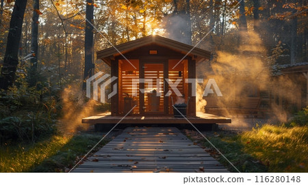 Outdoor wooden sauna house among forest trees, steam rising. Wellness, biohacking, healthy lifestyle 116280148