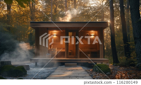 Outdoor wooden sauna house among forest trees, steam rising. Wellness, biohacking, healthy lifestyle 116280149