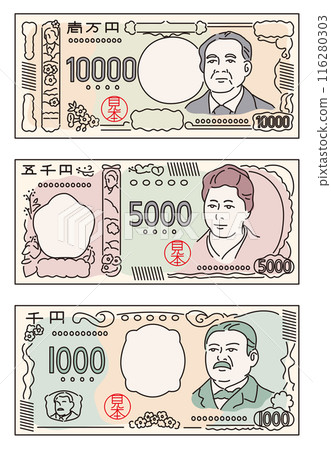 Line drawing illustration of the new 2024 banknote 116280303
