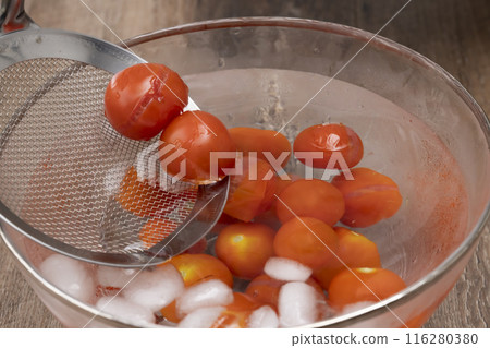 Marinated Cherry Tomatoes: Place tomatoes in cold water. Marinated Cherry Tomatoes: Place tomatoes in cold water. 116280380